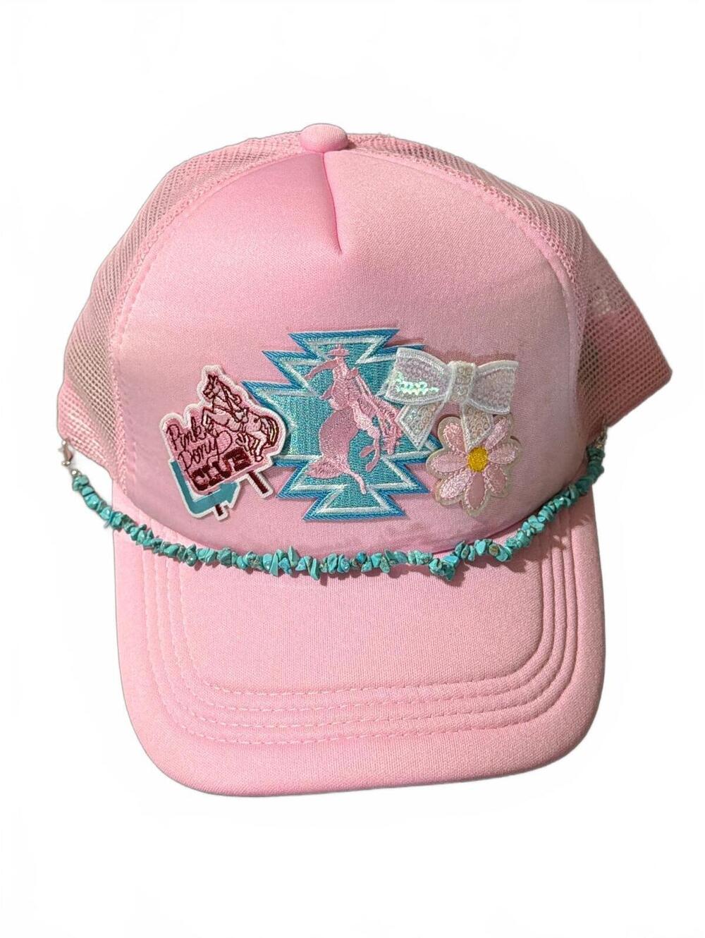 NEW Pink Mesh Adjustable Trucker Hat w Embroidered Patches and Decorative Trim
